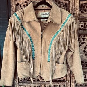 PIONEER western style Tan Jacket with Blue Details. Genuine leather/suede.